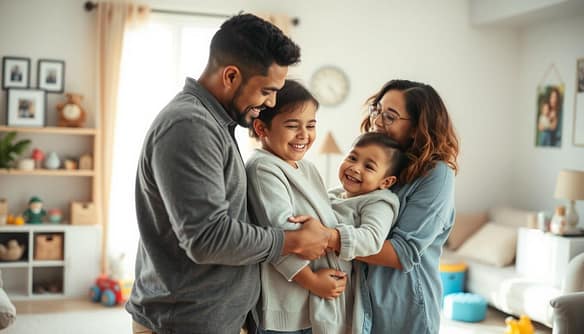 A heartwarming scene capturing the emotional journey of foster adoption. In the foreground, a diverse family composed of a loving couple and their smiling child, all dressed in modest casual clothing, share a moment of connection, perhaps sharing a hug or a laugh. In the middle ground, a soft, inviting living room with family photos on the walls, toys scattered around, and a warm, cozy atmosphere. In the background, light streams through a window, creating a sense of hope and warmth. The setting should evoke feelings of love, resilience, and the joy of finding one’s forever home. The lighting is soft and natural, emphasizing the tender expressions on their faces. The depth of field is shallow, focusing on the family's bonds while the background remains pleasantly blurred.