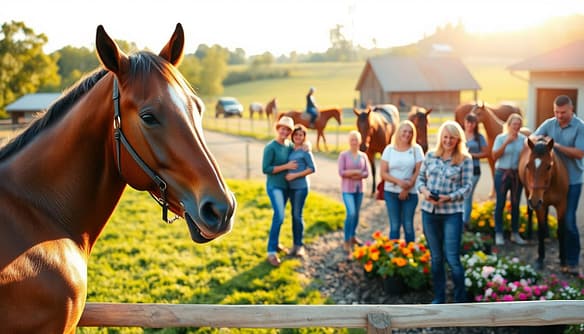 A heartwarming scene showcasing the success stories of Off-Track Thoroughbreds (OTTBs) in a serene countryside setting. In the foreground, a beautiful brown OTTB with a shiny coat is being gently petted by a smiling volunteer dressed in modest casual clothing. In the middle ground, several happy families interact with their adopted OTTBs, showcasing a range of activities such as riding, grooming, and bonding. The background features a picturesque, sun-drenched stable surrounded by lush green pastures and colorful flower gardens, evoking a sense of peace and harmony. Soft, golden hour lighting bathes the scene, creating a warm and inviting atmosphere. Capture this moment from a slightly elevated angle to emphasize the joy and connection between the horses and their new families. The mood is uplifting and celebratory, highlighting stories of hope and transformation. A heartwarming scene showcasing the success stories of Off-Track Thoroughbreds (OTTBs) in a serene countryside setting. In the foreground, a beautiful brown OTTB with a shiny coat is being gently petted by a smiling volunteer dressed in modest casual clothing. In the middle ground, several happy families interact with their adopted OTTBs, showcasing a range of activities such as riding, grooming, and bonding. The background features a picturesque, sun-drenched stable surrounded by lush green pastures and colorful flower gardens, evoking a sense of peace and harmony. Soft, golden hour lighting bathes the scene, creating a warm and inviting atmosphere. Capture this moment from a slightly elevated angle to emphasize the joy and connection between the horses and their new families. The mood is uplifting and celebratory, highlighting stories of hope and transformation.