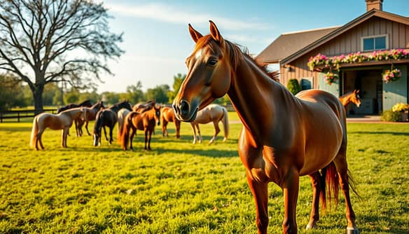 A serene multi-horse household setting featuring a range of thoroughbreds undergoing a transformation into vibrant, relaxed companions after their racing careers. In the foreground, a well-groomed OTTB stands contentedly in a lush green pasture, with a soft, golden light illuminating its coat. The mid-ground showcases a diverse group of horses peacefully grazing and interacting, reflecting the challenges and joys of a multi-horse environment. The background includes a charming stable adorned with colorful flowers and a clear blue sky, evoking a tranquil atmosphere. Capture this scene with a wide-angle lens to emphasize the harmonious relationships among the horses, evoking a mood of tranquility and fulfillment in their new lives. The overall feel should be warm, inviting, and optimistic. A serene multi-horse household setting featuring a range of thoroughbreds undergoing a transformation into vibrant, relaxed companions after their racing careers. In the foreground, a well-groomed OTTB stands contentedly in a lush green pasture, with a soft, golden light illuminating its coat. The mid-ground showcases a diverse group of horses peacefully grazing and interacting, reflecting the challenges and joys of a multi-horse environment. The background includes a charming stable adorned with colorful flowers and a clear blue sky, evoking a tranquil atmosphere. Capture this scene with a wide-angle lens to emphasize the harmonious relationships among the horses, evoking a mood of tranquility and fulfillment in their new lives. The overall feel should be warm, inviting, and optimistic.
