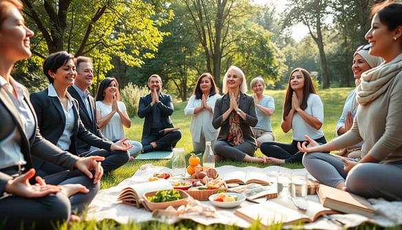 A serene outdoor scene capturing the essence of volunteer burnout recovery strategies. In the foreground, a diverse group of volunteers, dressed in professional business attire and modest casual clothing, are engaged in a relaxing yoga session, showcasing community and mindfulness. Their expressions reflect calmness and connection. In the middle ground, a beautifully arranged picnic with healthy food options, water, and inspirational books symbolizing self-care and rejuvenation. In the background, lush greenery and soft sunlight filtering through trees create a warm and inviting atmosphere. The lighting is soft and natural, highlighting the joyful interaction among the volunteers. The angle is slightly elevated to capture both the group and the tranquil surroundings, evoking a sense of peace and community support in recovery.