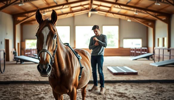 A serene rehabilitation center for special needs ex-racehorses, showcasing a variety of specialized equipment and facility modifications. In the foreground, a gentle, brown ex-racehorse stands patiently beside a tall, professional trainer in modest casual clothing, who is adjusting a supportive harness. In the middle, a spacious indoor arena features customized ramps and padded surfaces designed for the horses’ comfort and safety. The background reveals large windows letting in warm, natural light, illuminating the clean, uplifting environment filled with lush greenery. The atmosphere is calm and hopeful, highlighting the compassionate efforts to rehabilitate these noble animals. The lens captures this scene from a slightly elevated angle, ensuring a comprehensive view of the innovative adaptations in the facility.