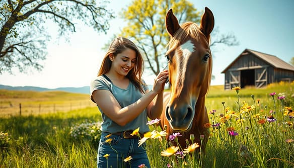 A serene scene depicting a close bond between a young female caregiver and a gentle foster horse in a lush, sunlit pasture. In the foreground, the caregiver, wearing modest casual clothing, is affectionately brushing the horse’s glossy coat, showing a deep emotional connection. The horse gazes back with soft eyes, conveying trust and companionship. In the middle ground, vibrant wildflowers bloom, enhancing the feeling of growth and joy. The background features a rustic barn and gently rolling hills under a clear blue sky, creating a peaceful, uplifting atmosphere. The sunlight filters through the trees, casting a warm glow over the scene, emphasizing the happiness and thriving relationship between the caregiver and the horse. A serene scene depicting a close bond between a young female caregiver and a gentle foster horse in a lush, sunlit pasture. In the foreground, the caregiver, wearing modest casual clothing, is affectionately brushing the horse’s glossy coat, showing a deep emotional connection. The horse gazes back with soft eyes, conveying trust and companionship. In the middle ground, vibrant wildflowers bloom, enhancing the feeling of growth and joy. The background features a rustic barn and gently rolling hills under a clear blue sky, creating a peaceful, uplifting atmosphere. The sunlight filters through the trees, casting a warm glow over the scene, emphasizing the happiness and thriving relationship between the caregiver and the horse.