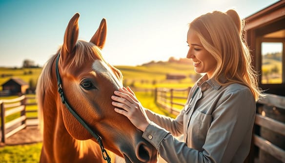 A serene scene depicting a special needs ex-racehorse receiving gentle care from a compassionate foster caregiver, set in a sunlit stable. In the foreground, the horse, with a soft coat and gentle eyes, is being lovingly brushed by a caregiver dressed in modest, professional attire, highlighting their bond. In the middle, a landscape of lush green pastures and wooden fences evokes a sense of tranquility. The background features a clear blue sky, casting warm sunlight that creates a welcoming atmosphere. The lens captures a warm, soft focus, emphasizing the emotional connection between the horse and caregiver, radiating feelings of mutual healing and joy. The mood is uplifting and heartwarming, symbolizing the rewards of special needs fostering. A serene scene depicting a special needs ex-racehorse receiving gentle care from a compassionate foster caregiver, set in a sunlit stable. In the foreground, the horse, with a soft coat and gentle eyes, is being lovingly brushed by a caregiver dressed in modest, professional attire, highlighting their bond. In the middle, a landscape of lush green pastures and wooden fences evokes a sense of tranquility. The background features a clear blue sky, casting warm sunlight that creates a welcoming atmosphere. The lens captures a warm, soft focus, emphasizing the emotional connection between the horse and caregiver, radiating feelings of mutual healing and joy. The mood is uplifting and heartwarming, symbolizing the rewards of special needs fostering.