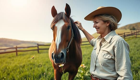 A serene scene in a lush green pasture, featuring a gentle senior retired racehorse, with a white star on its forehead, standing companionably next to a kindly, middle-aged woman dressed in modest ranch attire. In the foreground, the woman lovingly brushes the horse, emphasizing their bond. In the middle ground, a few wildflowers bloom, adding color, while a soft breeze causes the horse’s mane to flutter. The background features a rustic wooden fence and rolling hills under a clear, blue sky with warm sunlight casting a golden hue, creating a peaceful and healing atmosphere. The image should evoke warmth, companionship, and the tranquil spirit of senior horse fostering, captured from a slightly low angle to highlight the connection between the woman and the horse. A serene scene in a lush green pasture, featuring a gentle senior retired racehorse, with a white star on its forehead, standing companionably next to a kindly, middle-aged woman dressed in modest ranch attire. In the foreground, the woman lovingly brushes the horse, emphasizing their bond. In the middle ground, a few wildflowers bloom, adding color, while a soft breeze causes the horse’s mane to flutter. The background features a rustic wooden fence and rolling hills under a clear, blue sky with warm sunlight casting a golden hue, creating a peaceful and healing atmosphere. The image should evoke warmth, companionship, and the tranquil spirit of senior horse fostering, captured from a slightly low angle to highlight the connection between the woman and the horse.