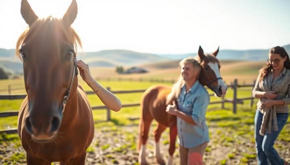 A serene scene in a sunlit equestrian setting, showcasing a diverse group of volunteers interacting with horses. In the foreground, a woman in modest casual clothing gently brushes a chestnut horse, her expression reflecting calm and connection. In the middle ground, a man kneels beside a pony, smiling as he encourages a shy child to pet it, illustrating the bond formed through the program. The background features a lush green pasture with a wooden fence and soft, rolling hills under a bright blue sky, creating a sense of peace and joy. The lighting is warm and inviting, emphasizing the emotional uplift these interactions provide. The overall mood is uplifting and supportive, emphasizing the transformative impact of horse volunteer programs on mental health. A serene scene in a sunlit equestrian setting, showcasing a diverse group of volunteers interacting with horses. In the foreground, a woman in modest casual clothing gently brushes a chestnut horse, her expression reflecting calm and connection. In the middle ground, a man kneels beside a pony, smiling as he encourages a shy child to pet it, illustrating the bond formed through the program. The background features a lush green pasture with a wooden fence and soft, rolling hills under a bright blue sky, creating a sense of peace and joy. The lighting is warm and inviting, emphasizing the emotional uplift these interactions provide. The overall mood is uplifting and supportive, emphasizing the transformative impact of horse volunteer programs on mental health.