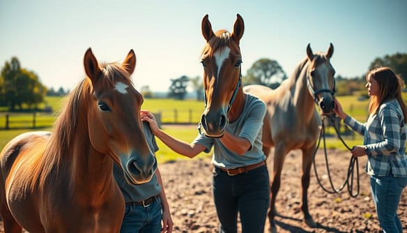A serene scene of a sunlit outdoor arena featuring gentle retired horses interacting with trainees, who are dressed in modest casual clothing. In the foreground, a soft-eyed chestnut mare stands calmly beside a young adult, who is gently brushing her coat while smiling. In the middle ground, another pair are engaging with a dapple grey gelding, demonstrating trust and connection. The background showcases lush green pastures under a clear blue sky, with distant trees providing a sense of tranquility. The lighting is warm and inviting, casting soft shadows, creating an atmosphere of peace and nurturing in this hands-on training environment. The composition highlights a sense of mentorship and the bond between humans and horses.
