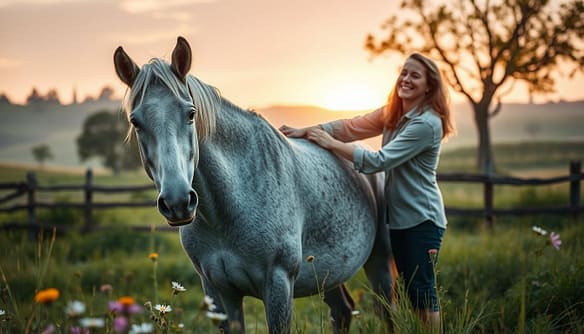A serene setting depicting a senior horse receiving end-of-life care in a peaceful outdoor environment. In the foreground, a gentle, gray mare with soft, expressive eyes stands calmly, surrounded by lush green grass and wildflowers. A caretaker, dressed in modest casual clothing, softly strokes the horse's neck, radiating warmth and compassion. In the middle ground, a wooden fence encloses the area, dotted with picturesque rolling hills and trees that sway gently in the breeze. The background features a warm, golden sunset casting a soft, ethereal light over the scene, creating a tranquil atmosphere. The mood is serene and reflective, embodying a sense of dignity and peace in the horse's final chapter. The perspective is slightly angled to capture both the horse and caretaker in a close, intimate interaction, emphasizing their bond.