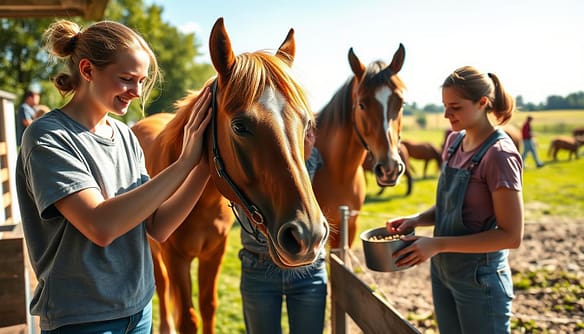 A sunny day at a racehorse rescue facility featuring young volunteers skillfully learning horse care. In the foreground, two teenagers in modest, casual clothing are gently brushing a chestnut horse, their expressions reflecting concentration and joy. In the middle ground, other volunteers are observed working together, one feeding hay while another fills a water trough, showcasing teamwork. The background reveals a lush green paddock with several horses grazing, under a clear blue sky. Soft, natural sunlight bathes the scene, creating warm highlights on the horses’ coats and illuminating the volunteers' faces, emphasizing the mood of responsibility and empathy as they bond with the animals. The composition should be warm and inviting, capturing a sense of purpose and community. A sunny day at a racehorse rescue facility featuring young volunteers skillfully learning horse care. In the foreground, two teenagers in modest, casual clothing are gently brushing a chestnut horse, their expressions reflecting concentration and joy. In the middle ground, other volunteers are observed working together, one feeding hay while another fills a water trough, showcasing teamwork. The background reveals a lush green paddock with several horses grazing, under a clear blue sky. Soft, natural sunlight bathes the scene, creating warm highlights on the horses’ coats and illuminating the volunteers' faces, emphasizing the mood of responsibility and empathy as they bond with the animals. The composition should be warm and inviting, capturing a sense of purpose and community.