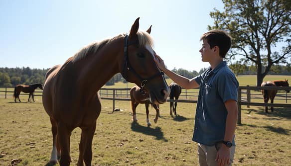 A teenage boy, dressed in casual, modest clothing, gently interacts with a large rescue horse in a sunlit paddock. The boy, with a look of determination and kindness, stands in the foreground, reaching out to the horse, who appears calm and attentive. In the middle ground, soft grass and a wooden fence outline the expansive space, while other rescue horses graze peacefully. The background features a lush landscape with trees under a clear blue sky, creating an inviting atmosphere. The sunlight casts gentle shadows, highlighting the bond forming between the boy and the horse. The scene conveys a sense of trust, growth, and the transformative journey of the teen as he becomes a lead trainer.