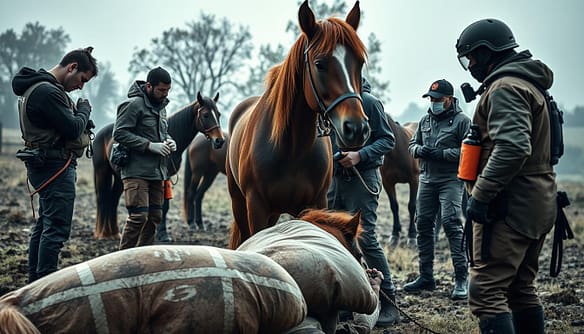 A tense scene of a horse rescue emergency in action, with a triage setup prominently featured in the foreground. In the center, a team of fully equipped professionals dressed in practical outdoor attire is attending to an injured horse, using veterinary tools and administering care. The middle ground showcases additional horses being assessed, with a vet and another rescue worker communicating urgently about the next steps. The background reveals a rural landscape, partially obscured by trees, creating an immersive atmosphere. Soft, diffused lighting adds a sense of urgency while highlighting the human-animal connection. The angle is slightly tilted, emphasizing the dynamic nature of the rescue effort and invoking a mood of determination and compassion in the face of crisis. A tense scene of a horse rescue emergency in action, with a triage setup prominently featured in the foreground. In the center, a team of fully equipped professionals dressed in practical outdoor attire is attending to an injured horse, using veterinary tools and administering care. The middle ground showcases additional horses being assessed, with a vet and another rescue worker communicating urgently about the next steps. The background reveals a rural landscape, partially obscured by trees, creating an immersive atmosphere. Soft, diffused lighting adds a sense of urgency while highlighting the human-animal connection. The angle is slightly tilted, emphasizing the dynamic nature of the rescue effort and invoking a mood of determination and compassion in the face of crisis.