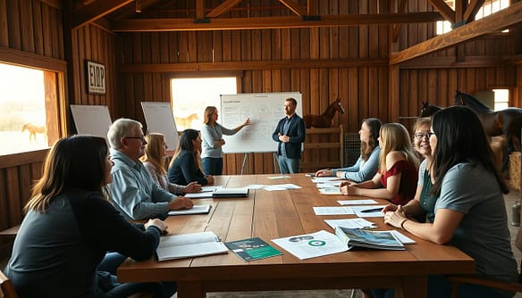 A vibrant training session depicting a community foster network program in a rustic barn setting in rural Kentucky. In the foreground, a diverse group of professionals in modest casual clothing sit around a large wooden table, actively engaging in discussions. Materials like notebooks, charts, and animal welfare pamphlets are scattered on the table. In the middle ground, a trainer stands enthusiastically, pointing to a whiteboard filled with diagrams about fostering techniques and animal care. The background shows warm sunlight streaming through large barn windows, illuminating hay bales and horse silhouettes. The atmosphere is collaborative and supportive, with an inviting and hopeful mood. Use soft, natural lighting to enhance the sense of community and dedication present in the training environment.