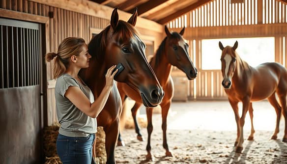 A warm and inviting scene depicting a single mother gently interacting with three retired racehorses (OTTBs) in a sunlit stable. In the foreground, the mother, dressed in modest casual clothing, lovingly brushes one horse, showcasing her connection to these majestic animals. The middle ground features the two other OTTBs standing calmly, their coats glistening in the soft afternoon light, embodying resilience and trust. The background reveals the rustic charm of the stable, with hay bales and sunlight filtering through wooden slats, creating a serene atmosphere. The image conveys a sense of warmth, hope, and transformation, capturing the essence of nurturing relationships between the mom and her horses in a supportive environment.