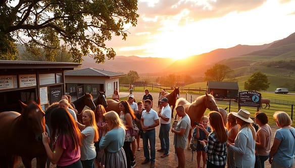 A welcoming horse rescue facility nestled in a lush green valley, showcasing a diverse group of tourists interacting with gentle rescue horses. In the foreground, visitors of varying ages engage with the horses, some brushing them or feeding them treats, wearing modest casual clothing. In the middle ground, various horse stables and treatment areas are visible, alongside signs indicating the facility's mission and impact on the community. The background features rolling hills and a vibrant sunset, casting a warm golden light over the scene, evoking a sense of hope and compassion. The atmosphere is joyful and uplifting, capturing the essence of compassionate tourism while emphasizing the economic impact of visiting such a facility. Shot from a slightly elevated angle to provide depth and perspective, focusing on the connection between the tourists and the horses.