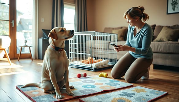 A cozy living room atmosphere featuring a rescue dog learning house training techniques. In the foreground, a friendly, medium-sized rescue dog, such as a Labrador mix, sits attentively on a soft, colorful dog mat, looking at a trainer. The trainer, dressed in casual, approachable clothing, kneels beside the dog, holding a clicker and some treats. In the middle of the scene, there is a small crate set up, demonstrating a safe confinement space, with a few toys scattered around. The background reveals a warm, inviting home setting with soft natural light streaming through a window, casting gentle shadows. The mood is positive and encouraging, emphasizing patience and understanding in the training process.
