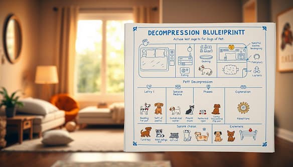 A detailed and inviting blueprint illustrating the 'Decompression Blueprint for New Pets'. In the foreground, a whimsical and colorful diagram showcasing a spacious, cozy room designed for pets with separate zones for resting, eating, and exploring. Include soft bedding, playful toys, and water stations. In the middle ground, outline step-by-step phases of pet decompression, represented with cute icons of dogs and cats at various activities, such as relaxing, playing with toys, and interacting with humans. The background should feature a calming indoor setting with warm lighting, perhaps a window showing greenery outside, creating a peaceful atmosphere. Use a soft focus lens effect to enhance the soothing mood of the scene while ensuring clarity in the blueprint details. A detailed and inviting blueprint illustrating the 'Decompression Blueprint for New Pets'. In the foreground, a whimsical and colorful diagram showcasing a spacious, cozy room designed for pets with separate zones for resting, eating, and exploring. Include soft bedding, playful toys, and water stations. In the middle ground, outline step-by-step phases of pet decompression, represented with cute icons of dogs and cats at various activities, such as relaxing, playing with toys, and interacting with humans. The background should feature a calming indoor setting with warm lighting, perhaps a window showing greenery outside, creating a peaceful atmosphere. Use a soft focus lens effect to enhance the soothing mood of the scene while ensuring clarity in the blueprint details.