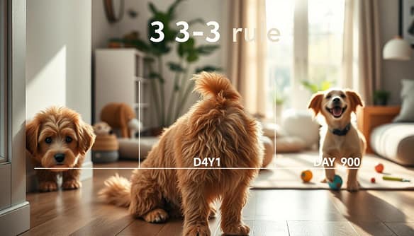 A detailed visual timeline illustrating the adjustment of a rescue dog named Milo, representing the 3-3-3 rule. In the foreground, depict Milo, a medium-sized, fluffy brown dog, expressing a range of emotions from anxiety to comfort. In the middle ground, use three distinct stages: Day 1 showing Milo hiding in a corner, Day 30 with him cautiously exploring his surroundings, and Day 90 where he joyfully plays with toys in a sunny living room. The background should subtly show elements of a cozy home environment, such as a dog bed, plants, and soft lighting, creating a warm and inviting atmosphere. Use a natural lighting setup, showcasing gentle sunlight filtering through a window, captured at a slightly elevated angle for depth. The overall mood should convey a heartwarming journey from uncertainty to happiness. A detailed visual timeline illustrating the adjustment of a rescue dog named Milo, representing the 3-3-3 rule. In the foreground, depict Milo, a medium-sized, fluffy brown dog, expressing a range of emotions from anxiety to comfort. In the middle ground, use three distinct stages: Day 1 showing Milo hiding in a corner, Day 30 with him cautiously exploring his surroundings, and Day 90 where he joyfully plays with toys in a sunny living room. The background should subtly show elements of a cozy home environment, such as a dog bed, plants, and soft lighting, creating a warm and inviting atmosphere. Use a natural lighting setup, showcasing gentle sunlight filtering through a window, captured at a slightly elevated angle for depth. The overall mood should convey a heartwarming journey from uncertainty to happiness.