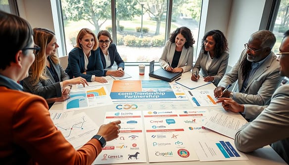 A diverse group of professionals in business attire collaborates around a large table covered with colorful charts and documents, outlining strategic partnership plans for an upcoming community adoption event. In the foreground, a woman points at a partnership strategy diagram, while a man takes notes on a laptop, showcasing a dynamic brainstorming session. The middle of the scene includes various logos representing local shelters, businesses, schools, and media outlets displayed on banners. In the background, a window reveals a sunny outdoor park, symbolizing the event's community spirit. The image is brightly lit, evoking a productive and optimistic atmosphere, captured with a shallow depth of field to emphasize the engaged faces of the participants.