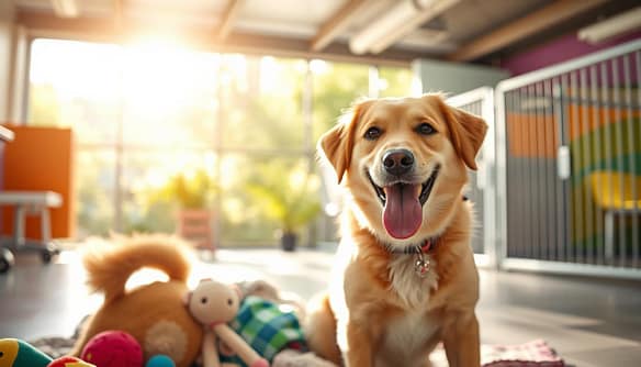 A heartwarming scene of a friendly dog at a shelter, sitting in a bright, sunlit area. The dog, a medium-sized golden retriever mix, has a wagging tail and an inviting expression, with its tongue playfully sticking out. In the foreground, the dog is surrounded by colorful toys and a cozy blanket. In the middle ground, a well-maintained shelter environment is visible, featuring cheerful colors on the walls and clean kennels. The background includes lush greenery from outside, with warm sunlight streaming in, creating a welcoming atmosphere. A soft focus effect enhances the emotional appeal, evoking feelings of hope and warmth, inspiring viewers to connect and share the image on social media for pet adoption. The scene is captured from a slightly elevated angle for an engaging perspective, ensuring clarity and vibrancy in the colors. A heartwarming scene of a friendly dog at a shelter, sitting in a bright, sunlit area. The dog, a medium-sized golden retriever mix, has a wagging tail and an inviting expression, with its tongue playfully sticking out. In the foreground, the dog is surrounded by colorful toys and a cozy blanket. In the middle ground, a well-maintained shelter environment is visible, featuring cheerful colors on the walls and clean kennels. The background includes lush greenery from outside, with warm sunlight streaming in, creating a welcoming atmosphere. A soft focus effect enhances the emotional appeal, evoking feelings of hope and warmth, inspiring viewers to connect and share the image on social media for pet adoption. The scene is captured from a slightly elevated angle for an engaging perspective, ensuring clarity and vibrancy in the colors.