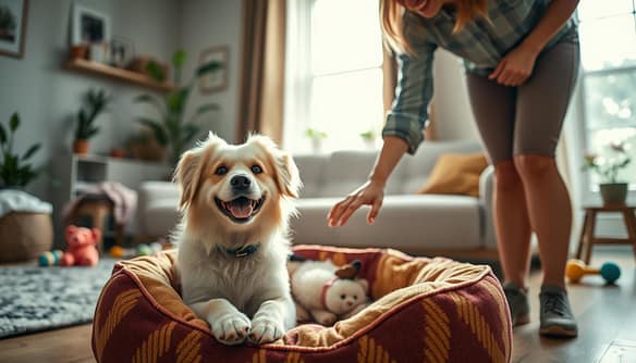 A heartwarming scene showcasing a happy rescue dog nestled in a cozy living room setting, basking in soft, natural light from a nearby window. In the foreground, the fluffy dog, with a bright smile and wagging tail, sits comfortably on a plush, colorful dog bed. In the middle ground, a compassionate human figure, dressed in modest casual clothing, gently pets the dog, illustrating the bond formed through love and care. The background features a well-prepared home environment, with pet-friendly furniture, toys scattered playfully, and potted plants adding a touch of warmth. The atmosphere is joyful and serene, highlighting the successful journey of the rescue dog's transition to a loving home. The angle is slightly above eye-level, capturing the interaction and inviting the viewer into this heartwarming moment. A heartwarming scene showcasing a happy rescue dog nestled in a cozy living room setting, basking in soft, natural light from a nearby window. In the foreground, the fluffy dog, with a bright smile and wagging tail, sits comfortably on a plush, colorful dog bed. In the middle ground, a compassionate human figure, dressed in modest casual clothing, gently pets the dog, illustrating the bond formed through love and care. The background features a well-prepared home environment, with pet-friendly furniture, toys scattered playfully, and potted plants adding a touch of warmth. The atmosphere is joyful and serene, highlighting the successful journey of the rescue dog's transition to a loving home. The angle is slightly above eye-level, capturing the interaction and inviting the viewer into this heartwarming moment.