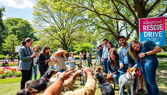 A lively animal rescue scene set in a welcoming park during a sunny day. In the foreground, a diverse group of volunteers in smart casual attire enthusiastically interacts with several adorable rescue animals, like puppies and kittens. Brightly colored banners promoting the adoption drive flutter in the gentle breeze, adding a splash of color. In the middle ground, families with children play with the animals, creating an atmosphere of joy and community. The background features lush green trees, blooming flowers, and a clear blue sky, contributing to a warm and inviting mood. Soft, natural lighting highlights the happy expressions of both the volunteers and the animals, capturing the essence of compassion and community spirit. The angle is slightly elevated, providing a comprehensive view of the engaging activity, while emphasizing the importance of animal rescue and adoption. A lively animal rescue scene set in a welcoming park during a sunny day. In the foreground, a diverse group of volunteers in smart casual attire enthusiastically interacts with several adorable rescue animals, like puppies and kittens. Brightly colored banners promoting the adoption drive flutter in the gentle breeze, adding a splash of color. In the middle ground, families with children play with the animals, creating an atmosphere of joy and community. The background features lush green trees, blooming flowers, and a clear blue sky, contributing to a warm and inviting mood. Soft, natural lighting highlights the happy expressions of both the volunteers and the animals, capturing the essence of compassion and community spirit. The angle is slightly elevated, providing a comprehensive view of the engaging activity, while emphasizing the importance of animal rescue and adoption.