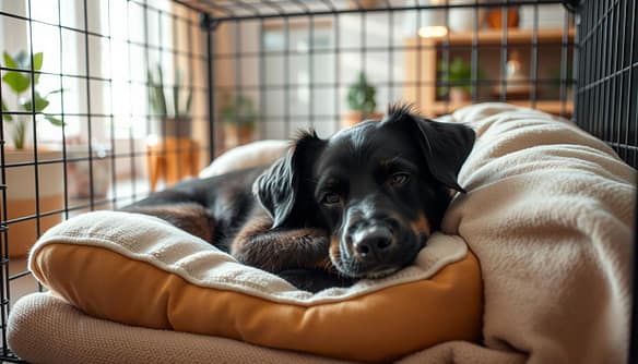 A peaceful scene featuring a dog or cat resting comfortably in a cozy, crate-like den. In the foreground, the relaxed animal is curled up on a soft cushion, eyes half-closed, exuding a sense of safety and tranquility. The middle layer shows the den's warm and inviting interior, with plush bedding, gentle lighting filtering through soft fabric, and a few comforting toys nearby. In the background, hints of a new home are visible, such as a softly lit room with shaded walls and a few potted plants, suggesting a welcoming environment. The overall mood is serene and heartwarming, capturing the feeling of a safe space during the initial stages of settling into a new home. A peaceful scene featuring a dog or cat resting comfortably in a cozy, crate-like den. In the foreground, the relaxed animal is curled up on a soft cushion, eyes half-closed, exuding a sense of safety and tranquility. The middle layer shows the den's warm and inviting interior, with plush bedding, gentle lighting filtering through soft fabric, and a few comforting toys nearby. In the background, hints of a new home are visible, such as a softly lit room with shaded walls and a few potted plants, suggesting a welcoming environment. The overall mood is serene and heartwarming, capturing the feeling of a safe space during the initial stages of settling into a new home.
