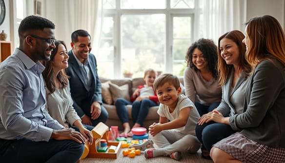 A serene and inviting foster care environment, showcasing a nurturing living room setting. In the foreground, a diverse group of smiling adults, dressed in professional business attire, engage warmly with a playful child, depicting the loving bond of foster-to-adopt pathways. In the middle ground, a cozy arrangement of a couch, colorful toys, and family photos highlight the warmth of a home. The background features soft, natural light streaming through large windows, illuminating a garden view, symbolizing growth and hope. The mood is uplifting and peaceful, capturing the essence of compassion in fostering, while reflecting ethical commitment in providing a loving home for children. Use a soft focus lens effect to enhance warmth and connection in the scene. A serene and inviting foster care environment, showcasing a nurturing living room setting. In the foreground, a diverse group of smiling adults, dressed in professional business attire, engage warmly with a playful child, depicting the loving bond of foster-to-adopt pathways. In the middle ground, a cozy arrangement of a couch, colorful toys, and family photos highlight the warmth of a home. The background features soft, natural light streaming through large windows, illuminating a garden view, symbolizing growth and hope. The mood is uplifting and peaceful, capturing the essence of compassion in fostering, while reflecting ethical commitment in providing a loving home for children. Use a soft focus lens effect to enhance warmth and connection in the scene.