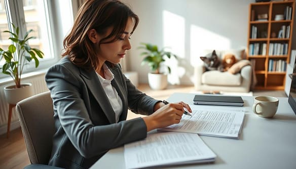A thoughtful individual sitting at a tidy desk, carefully filling out an adoption application form. The person, a woman in her 30s, is dressed in smart casual attire, with a focused and contemplative expression. The desk is scattered with relevant documents, a pen in one hand, and a cup of coffee nearby. In the background, a cozy living room is visible, with soft pastel colors, a potted plant, and a cat lounging on a bookshelf, creating a warm and inviting atmosphere. Natural light filters in through a window, casting gentle shadows and highlighting the earnestness of the moment. The angle captures both the individual's concentration and the meaningful context of preparing for a new pet.