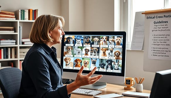 A thoughtful scene depicting a professional animal rescue advocate in a well-lit office environment, analyzing a computer screen filled with images of various animals needing homes. In the foreground, the advocate, a middle-aged woman in modest casual clothing, gestures towards the screen, demonstrating careful consideration rather than impulsive sharing. In the middle, a diverse array of adorable rescue animals fills the screen, each accompanied by a small, clear label that emphasizes their rescue statuses. The background features shelves lined with rescue-related books and a bulletin board showcasing ethical cross-posting guidelines. Soft, natural light streams through a window, creating a welcoming, focused atmosphere, inviting viewers to reflect on the importance of responsible advocacy in the animal rescue community. A thoughtful scene depicting a professional animal rescue advocate in a well-lit office environment, analyzing a computer screen filled with images of various animals needing homes. In the foreground, the advocate, a middle-aged woman in modest casual clothing, gestures towards the screen, demonstrating careful consideration rather than impulsive sharing. In the middle, a diverse array of adorable rescue animals fills the screen, each accompanied by a small, clear label that emphasizes their rescue statuses. The background features shelves lined with rescue-related books and a bulletin board showcasing ethical cross-posting guidelines. Soft, natural light streams through a window, creating a welcoming, focused atmosphere, inviting viewers to reflect on the importance of responsible advocacy in the animal rescue community.