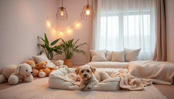 A tranquil decompression space designed for rescue pets, featuring a cozy corner with a soft bed, surrounded by plush toys and calming blankets. In the foreground, include a small, gentle dog lounging comfortably, radiating a sense of relaxation. The middle ground showcases a calming area with plants, warm lighting from a hanging lamp, and a couple of soft cushions scattered around. The background includes a peaceful window with sheer curtains allowing soft natural light to filter through, enhancing the serene atmosphere. Soft pastel colors dominate the palette, evoking a sense of safety and comfort. The overall mood is soothing and inviting, perfect for a pet’s recovery and adjustment, captured with a warm, soft-focus lens angle to emphasize tranquility.