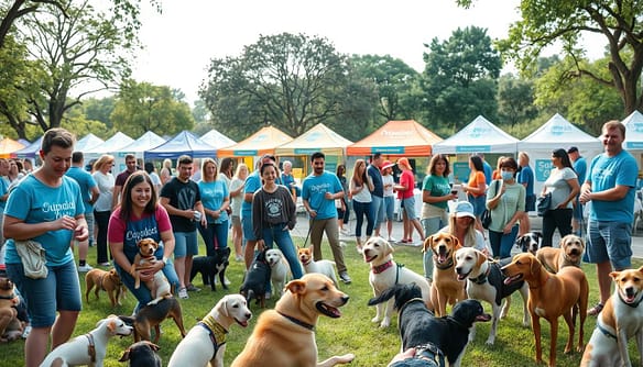 A vibrant community park scene during a national pet adoption event, filled with joyous families and various pets. In the foreground, a diverse group of adults and children interact playfully with dogs and cats of different breeds, showcasing their personalities. In the middle ground, colorful tents display banners promoting pet adoption, with volunteers in casual blue T-shirts engaging with visitors. The background features a sunny sky and multiple trees, creating a welcoming atmosphere. Soft, natural lighting enhances the cheerful vibe, capturing smiling faces and wagging tails. The perspective is slightly elevated, offering a panoramic view of the event, conveying a sense of excitement and community spirit.