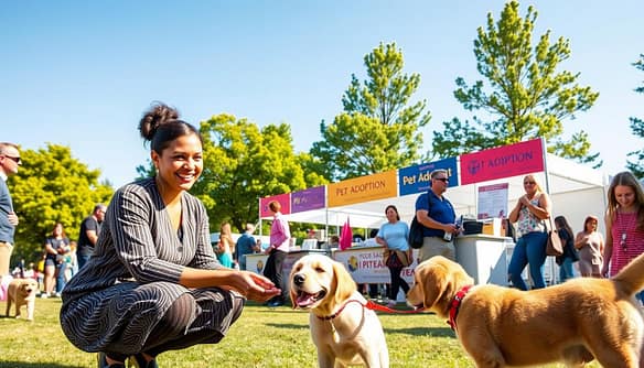 A vibrant community pet adoption event taking place in a sunny park, filled with enthusiastic families interacting with cute, adoptable pets. In the foreground, a cheerful woman in a stylish, modest outfit crouches to pet a playful golden retriever puppy, while a child reaches out with excitement. In the middle, various booths display colorful banners promoting the adoption event, with volunteers providing information and smiles. The background features lush green trees and a clear blue sky, under warm, natural lighting that enhances the happy atmosphere. Capture this scene from a slightly elevated angle to convey the bustling energy and sense of community at this notable pet adoption campaign. A vibrant community pet adoption event taking place in a sunny park, filled with enthusiastic families interacting with cute, adoptable pets. In the foreground, a cheerful woman in a stylish, modest outfit crouches to pet a playful golden retriever puppy, while a child reaches out with excitement. In the middle, various booths display colorful banners promoting the adoption event, with volunteers providing information and smiles. The background features lush green trees and a clear blue sky, under warm, natural lighting that enhances the happy atmosphere. Capture this scene from a slightly elevated angle to convey the bustling energy and sense of community at this notable pet adoption campaign.