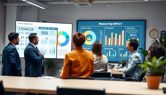 A visually engaging office scene showing a professional in business attire analyzing data on a large digital screen. The foreground features a diverse group of individuals discussing numbers and charts, symbolizing teamwork in measuring impact. In the middle ground, a detailed pie chart representing donations and metrics is projected on the wall, with graphs illustrating reach and inquiries. The background includes a softly lit office environment, adorned with plants and awards, exuding a warm, motivational atmosphere. The scene is captured with a slight depth of field, focusing on the interactions while slightly blurring the background, creating a sense of professionalism and dedication to animal advocacy impact. A visually engaging office scene showing a professional in business attire analyzing data on a large digital screen. The foreground features a diverse group of individuals discussing numbers and charts, symbolizing teamwork in measuring impact. In the middle ground, a detailed pie chart representing donations and metrics is projected on the wall, with graphs illustrating reach and inquiries. The background includes a softly lit office environment, adorned with plants and awards, exuding a warm, motivational atmosphere. The scene is captured with a slight depth of field, focusing on the interactions while slightly blurring the background, creating a sense of professionalism and dedication to animal advocacy impact.