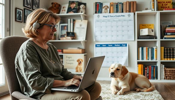 A warm and inviting scene depicting a cozy office space where a compassionate advocate is on a video call, discussing hospice fostering with a partner rescue organization. In the foreground, a middle-aged person, dressed in modest casual clothing, gazes thoughtfully at a laptop, surrounded by photos of senior and special-needs pets. In the middle ground, a gentle golden retriever lies peacefully on a soft rug, while a calendar on the wall features paw prints and care events. The background showcases shelves filled with dog and cat care books, creating an atmosphere of dedication and support. Soft, natural lighting filters through a window, creating an uplifting and hopeful ambiance that emphasizes the importance of finding the right rescue network for these special pets. A warm and inviting scene depicting a cozy office space where a compassionate advocate is on a video call, discussing hospice fostering with a partner rescue organization. In the foreground, a middle-aged person, dressed in modest casual clothing, gazes thoughtfully at a laptop, surrounded by photos of senior and special-needs pets. In the middle ground, a gentle golden retriever lies peacefully on a soft rug, while a calendar on the wall features paw prints and care events. The background showcases shelves filled with dog and cat care books, creating an atmosphere of dedication and support. Soft, natural lighting filters through a window, creating an uplifting and hopeful ambiance that emphasizes the importance of finding the right rescue network for these special pets.
