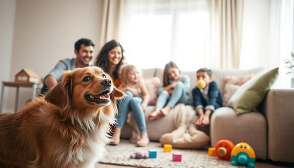 A warm, inviting living room scene depicting a family interacting with a rescued dog during a foster-to-adopt program trial period. In the foreground, a cheerful dog with a shiny coat is playfully engaging with a young girl and her parents, who are shown smiling and gently petting the dog. The middle ground features soft, colorful pillows on a cozy sofa, with toys scattered around, giving a relaxed atmosphere. In the background, natural light streams through a large window adorned with light curtains, casting a soft glow that enhances the warm, loving environment. The scene conveys a sense of hope, togetherness, and the joy of new beginnings, perfectly capturing the essence of foster-to-adopt experiences. A warm, inviting living room scene depicting a family interacting with a rescued dog during a foster-to-adopt program trial period. In the foreground, a cheerful dog with a shiny coat is playfully engaging with a young girl and her parents, who are shown smiling and gently petting the dog. The middle ground features soft, colorful pillows on a cozy sofa, with toys scattered around, giving a relaxed atmosphere. In the background, natural light streams through a large window adorned with light curtains, casting a soft glow that enhances the warm, loving environment. The scene conveys a sense of hope, togetherness, and the joy of new beginnings, perfectly capturing the essence of foster-to-adopt experiences.