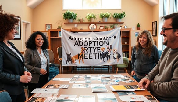 A warm, inviting scene of a local adoption drive partners meeting in a cozy community center. In the foreground, a diverse group of four people—one woman with curly hair in a smart blazer, a man in a casual button-up shirt, a woman with glasses in a professional dress, and a man with a friendly smile in a sweater—are engaged in a lively discussion around a large table covered with pamphlets and photos of pets up for adoption. In the middle, a large banner reading "Adoption Partners Meeting" is draped behind them, along with posters of smiling dogs and cats. In the background, soft lighting enhances the community center's warmth, with potted plants and artwork on the walls. An inviting atmosphere suggests collaboration and enthusiasm for animal welfare, with natural light spilling through large windows, creating a positive, hopeful mood.
