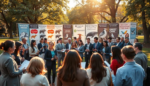 A beautifully organized scene depicting various animal advocacy groups working together. In the foreground, a diverse group of professional individuals in business attire are engaged in discussion, holding pamphlets and brochures about their organizations. The middle ground features a variety of local and national animal groups represented by colorful banners displaying iconic animals like elephants, whales, and birds, emphasizing the different species they advocate for. In the background, a park setting bathed in warm, golden sunlight creates a welcoming atmosphere. Soft light filters through the trees, casting gentle shadows on the ground. The overall mood is one of collaboration and optimism, highlighting the community's commitment to animal welfare while showcasing a diverse range of people united for a common cause.