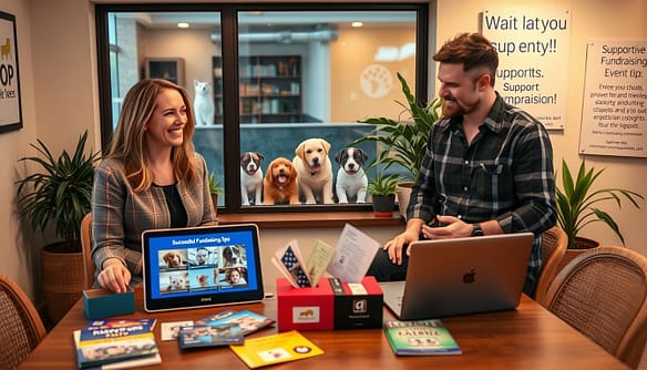 A cozy animal shelter fundraising scene set indoors, with a professional-looking woman and a casual-dressed man brainstorming fundraising tips. In the foreground, a table is adorned with colorful brochures, donation boxes, and a laptop displaying successful campaign images. The middle ground features a window showcasing happy animals—dogs and cats—playing together, symbolizing the shelter's mission. The background displays an inviting space with warm, soft lighting and supportive posters promoting fundraising events. A few potted plants add life to the scene, creating a warm and hopeful atmosphere. The overall mood is positive and collaborative, highlighting community efforts to support animal welfare. A cozy animal shelter fundraising scene set indoors, with a professional-looking woman and a casual-dressed man brainstorming fundraising tips. In the foreground, a table is adorned with colorful brochures, donation boxes, and a laptop displaying successful campaign images. The middle ground features a window showcasing happy animals—dogs and cats—playing together, symbolizing the shelter's mission. The background displays an inviting space with warm, soft lighting and supportive posters promoting fundraising events. A few potted plants add life to the scene, creating a warm and hopeful atmosphere. The overall mood is positive and collaborative, highlighting community efforts to support animal welfare.