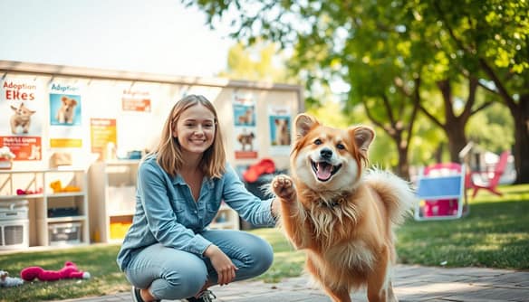A heartwarming animal rescue scene unfolds in the foreground, featuring a smiling young woman in casual clothing kneeling beside a joyful, fluffy dog she just adopted. The dog, a medium-sized mixed breed with a wagging tail, is playfully reaching towards her. In the middle ground, a cozy pet adoption center is visible, with colorful adoption posters and soft lighting creating an inviting atmosphere. Various pet-friendly accessories and toys are scattered around, emphasizing the journey of love and companionship. In the background, a sunny park setting adds a sense of hope and joy, with trees gently swaying in the breeze. The overall mood is uplifting and filled with warmth, captured from a slightly angled perspective to evoke depth and emotion in the scene. A heartwarming animal rescue scene unfolds in the foreground, featuring a smiling young woman in casual clothing kneeling beside a joyful, fluffy dog she just adopted. The dog, a medium-sized mixed breed with a wagging tail, is playfully reaching towards her. In the middle ground, a cozy pet adoption center is visible, with colorful adoption posters and soft lighting creating an inviting atmosphere. Various pet-friendly accessories and toys are scattered around, emphasizing the journey of love and companionship. In the background, a sunny park setting adds a sense of hope and joy, with trees gently swaying in the breeze. The overall mood is uplifting and filled with warmth, captured from a slightly angled perspective to evoke depth and emotion in the scene.