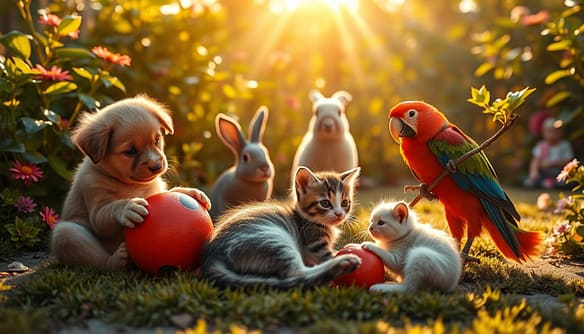A heartwarming scene depicting unexpected animal friendships in a sunlit garden. In the foreground, a playful puppy and a curious kitten are happily coiled together, sharing a joyful moment as they play with a bright red ball. In the middle ground, a gentle rabbit watches them with a warm expression, while a friendly parrot perches on a nearby branch, its vibrant feathers shimmering in the sunlight. The background features lush green plants and colorful flowers, creating a serene and inviting atmosphere. Soft rays of golden sunlight filter through the leaves, casting gentle shadows on the ground. The lens captures this tender moment at a slight angle, enhancing the feeling of warmth and companionship, inviting viewers to feel the love and joy of these unexpected friendships.