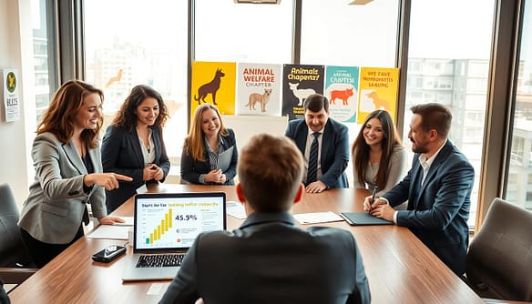 A modern, well-lit office space where a diverse group of enthusiastic individuals, dressed in professional business attire, are gathered around a large table. They are engaged in a brainstorming session about starting a nonprofit chapter focused on animal advocacy. In the foreground, a woman points at an open laptop displaying animal welfare statistics, while a man jots down ideas on a whiteboard. In the middle background, colorful posters of various animal species and advocacy slogans adorn the walls, creating an inspiring atmosphere. Large windows allow natural light to flood the room, casting a warm glow. The scene conveys collaboration, passion, and dedication toward making a difference for animals. A modern, well-lit office space where a diverse group of enthusiastic individuals, dressed in professional business attire, are gathered around a large table. They are engaged in a brainstorming session about starting a nonprofit chapter focused on animal advocacy. In the foreground, a woman points at an open laptop displaying animal welfare statistics, while a man jots down ideas on a whiteboard. In the middle background, colorful posters of various animal species and advocacy slogans adorn the walls, creating an inspiring atmosphere. Large windows allow natural light to flood the room, casting a warm glow. The scene conveys collaboration, passion, and dedication toward making a difference for animals.