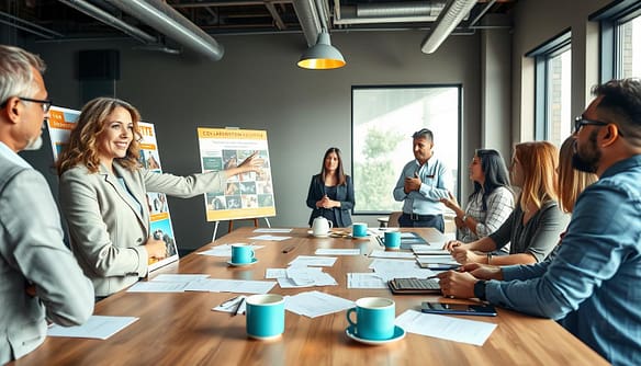 A professional setting showcasing a diverse group of local business owners gathered around a large table, engaging in a lively discussion about collaboration for animal welfare. In the foreground, a confident woman in smart business attire points to a vibrant presentation board featuring images of animals in need of support. On the table, scattered papers and coffee cups suggest an active brainstorming session. In the middle ground, a few attentive members take notes and share ideas, radiating enthusiasm. The background features a large window with natural light streaming in, illuminating the room with a warm and inviting ambiance. The overall mood is collaborative and optimistic, emphasizing the power of partnership. Use a wide-angle lens to capture the entire scene, ensuring a clear focus on the interaction among the participants. A professional setting showcasing a diverse group of local business owners gathered around a large table, engaging in a lively discussion about collaboration for animal welfare. In the foreground, a confident woman in smart business attire points to a vibrant presentation board featuring images of animals in need of support. On the table, scattered papers and coffee cups suggest an active brainstorming session. In the middle ground, a few attentive members take notes and share ideas, radiating enthusiasm. The background features a large window with natural light streaming in, illuminating the room with a warm and inviting ambiance. The overall mood is collaborative and optimistic, emphasizing the power of partnership. Use a wide-angle lens to capture the entire scene, ensuring a clear focus on the interaction among the participants.