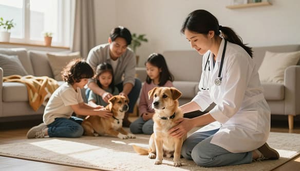 A serene, warm-toned indoor environment showcasing a professional veterinarian in modest casual clothing, gently interacting with a rescued dog, depicting trauma-informed care. The vet kneels on a soft mat in the foreground, displaying a nurturing demeanor as they use calming techniques. In the middle ground, a family of four, with warm expressions, engages in bonding rituals with their newly adopted pet, such as gentle play and soothing pets. The background features a cozy room filled with soft lighting, calming decor, and colorful blankets that create a safe haven atmosphere. Natural sunlight filters through a window, casting a gentle glow, enhancing the feeling of hope and recovery. The image conveys empathy, compassion, and connection in the aftermath of disaster.