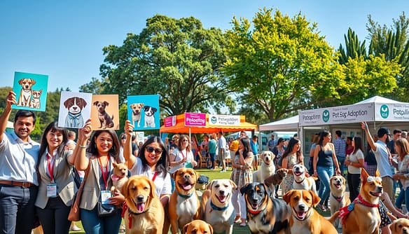A vibrant and engaging scene illustrating a pet awareness campaign. In the foreground, a cheerful group of diverse volunteers, dressed in smart casual attire, holds up colorful signs featuring cute animals available for adoption. The middle ground showcases a bustling park filled with various pets, including dogs and cats, interacting with enthusiastic visitors. Brightly decorated booths with informative brochures about animal care and adoption surround them. The background depicts a sunny day with clear blue skies and lush green trees, creating an inviting atmosphere. Soft, warm lighting enhances the joyful mood, while the camera angle captures the action and excitement, focusing on the interaction between people and pets. The composition conveys a sense of community and hope, promoting animal adoption enthusiasm effectively. A vibrant and engaging scene illustrating a pet awareness campaign. In the foreground, a cheerful group of diverse volunteers, dressed in smart casual attire, holds up colorful signs featuring cute animals available for adoption. The middle ground showcases a bustling park filled with various pets, including dogs and cats, interacting with enthusiastic visitors. Brightly decorated booths with informative brochures about animal care and adoption surround them. The background depicts a sunny day with clear blue skies and lush green trees, creating an inviting atmosphere. Soft, warm lighting enhances the joyful mood, while the camera angle captures the action and excitement, focusing on the interaction between people and pets. The composition conveys a sense of community and hope, promoting animal adoption enthusiasm effectively.