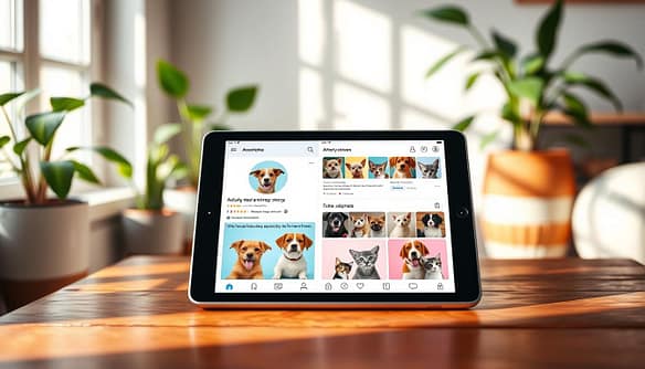 A vibrant and engaging scene showcasing an aesthetically pleasing social media layout for animal rescue shareable content. In the foreground, display a digital tablet on a wooden table, featuring colorful images of adorable dogs and cats available for adoption, with playful graphic icons symbolizing likes and shares. The middle layer includes a social media feed on the tablet, highlighting heartwarming stories of rescued animals and their new homes. In the background, soft natural light filters through a window, creating a warm and inviting atmosphere, with potted plants that add a touch of greenery. The overall mood is uplifting and inspiring, encouraging viewers to engage with the content and take action. The image should be taken from a slightly elevated angle, focusing on the tablet while softly blurring the background.