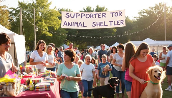 A vibrant community fundraising event to support a local animal shelter, capturing a lively atmosphere. In the foreground, cheerful volunteers in casual attire are setting up colorful donation booths filled with pet supplies, handmade crafts, and baked goods. The middle ground features families engaging in activities like face painting and pet parades, with happy dogs and children interacting. The background shows a bright sky with a large, welcoming banner that reads "Support Your Local Shelter" strung between trees. Soft, warm lighting enhances the friendly mood, resembling a sunny day in a park. The scene is dynamic and inviting, filled with a sense of community spirit and generosity. A vibrant community fundraising event to support a local animal shelter, capturing a lively atmosphere. In the foreground, cheerful volunteers in casual attire are setting up colorful donation booths filled with pet supplies, handmade crafts, and baked goods. The middle ground features families engaging in activities like face painting and pet parades, with happy dogs and children interacting. The background shows a bright sky with a large, welcoming banner that reads "Support Your Local Shelter" strung between trees. Soft, warm lighting enhances the friendly mood, resembling a sunny day in a park. The scene is dynamic and inviting, filled with a sense of community spirit and generosity.
