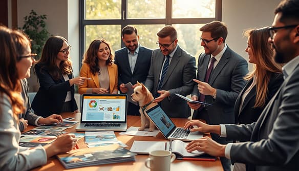 A vibrant community meeting scene depicting a diverse group of people in professional business attire, enthusiastically discussing animal welfare sponsorship ideas. In the foreground, a table with engaging materials like brochures, laptops displaying animal welfare initiatives, and a small dog being gently petted by a participant. The middle ground features individuals exchanging ideas, some pointing at visual aids showcasing partnership concepts, while others take notes. In the background, a large window allows warm sunlight to filter in, casting a cozy glow over the scene. The atmosphere conveys collaboration and positivity, emphasizing community spirit and support for animal welfare. The overall composition should have a slightly blurred background to focus on the interactions in the foreground and middle ground.