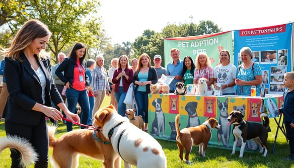 A vibrant community pet adoption event, capturing the essence of partnerships in action. In the foreground, a professional woman in smart casual attire gently interacts with an enthusiastic dog, while a diverse group of people of various ages, also in casual attire, engage with dogs and cats at a colorful booth. In the middle, smiling volunteers stand beside a decorated table showcasing adoption information, pet supplies, and heartwarming pet photos. The background features a sunny park setting with lush grass, trees, and colorful banners promoting the pet adoption campaign, suggesting a sense of community and inclusivity. The lighting is warm and inviting, evoking a cheerful atmosphere. The angle is slightly elevated to encompass the energy and interactions of the community members, emphasizing the spirit of collaboration. A vibrant community pet adoption event, capturing the essence of partnerships in action. In the foreground, a professional woman in smart casual attire gently interacts with an enthusiastic dog, while a diverse group of people of various ages, also in casual attire, engage with dogs and cats at a colorful booth. In the middle, smiling volunteers stand beside a decorated table showcasing adoption information, pet supplies, and heartwarming pet photos. The background features a sunny park setting with lush grass, trees, and colorful banners promoting the pet adoption campaign, suggesting a sense of community and inclusivity. The lighting is warm and inviting, evoking a cheerful atmosphere. The angle is slightly elevated to encompass the energy and interactions of the community members, emphasizing the spirit of collaboration.