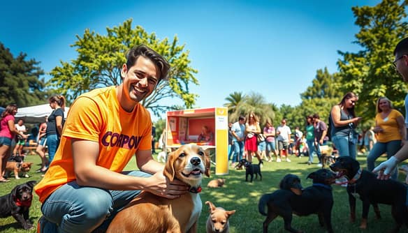 A vibrant community pet adoption event held outdoors in a sunny park, filled with families and children joyfully interacting with various adorable pets like puppies and kittens. In the foreground, a smiling volunteer in a bright company t-shirt kneels to pet a friendly dog, showcasing a welcoming atmosphere. In the middle ground, small booths display information about the pets available for adoption, with colorful banners attracting attention. The background features lush green trees, a clear blue sky, and other families chatting and laughing together as they consider welcoming a new pet into their homes. The sunlight casts a warm, inviting glow over the scene, enhancing the sense of community and celebration. The angle captures the dynamic interactions between people and animals, emphasizing a successful, heartwarming atmosphere.