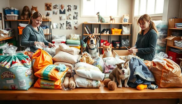 A warm and inviting animal shelter scene focused on donations. In the foreground, a variety of goods such as bags of dog food, cat litter, blankets, and toys are neatly arranged on a wooden table. A couple of volunteers, wearing casual but neat clothing, are actively sorting through the donations with smiles, showcasing a sense of community. In the middle ground, a friendly dog and a playful kitten are interacting playfully, symbolizing the positive impact of donations. The background features a colorful wall with pictures of adopted animals and shelves filled with more supplies. Soft, natural light filters through large windows, enhancing the warm, inviting atmosphere of caring and compassion towards shelter animals. The angle is slightly elevated, capturing the full essence of a bustling, cheerful donation hub. A warm and inviting animal shelter scene focused on donations. In the foreground, a variety of goods such as bags of dog food, cat litter, blankets, and toys are neatly arranged on a wooden table. A couple of volunteers, wearing casual but neat clothing, are actively sorting through the donations with smiles, showcasing a sense of community. In the middle ground, a friendly dog and a playful kitten are interacting playfully, symbolizing the positive impact of donations. The background features a colorful wall with pictures of adopted animals and shelves filled with more supplies. Soft, natural light filters through large windows, enhancing the warm, inviting atmosphere of caring and compassion towards shelter animals. The angle is slightly elevated, capturing the full essence of a bustling, cheerful donation hub.
