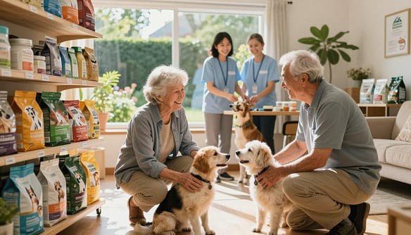 A cozy, inviting room filled with natural light, featuring an elderly couple in modest casual clothing, smiling as they interact with a pair of senior dogs. In the foreground, a pet food bank shelf brimming with various brands of pet food and supplies. The middle ground includes a cheerful volunteer, dressed in a professional outfit, assisting seniors with pet-related services. In the background, a window reveals a serene garden, symbolizing a nurturing ecosystem. Soft, warm lighting enhances the friendly atmosphere, casting gentle shadows. The composition conveys a sense of community support, empathy, and companionship between seniors and pets, emphasizing the importance of resources like vet ride services and in-home help for maintaining joy in their lives.